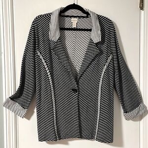 Chico’s black and white stripe soft knit one button jacket w lapels size Medium